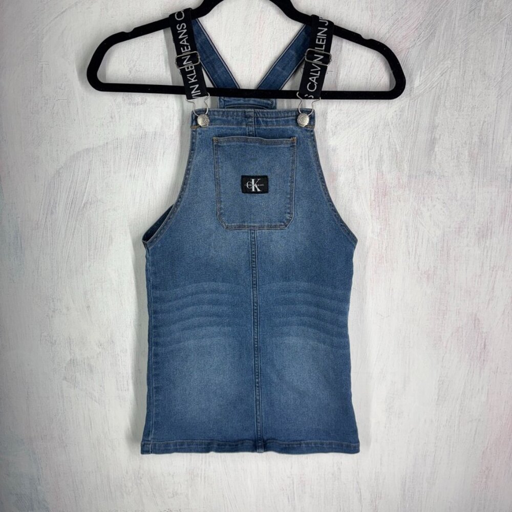 Calvin Klein Girls washed denim jumper Blue Jeans Monogram Logo Straps